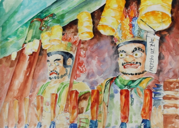 우예인 作 ‘불법을 수호하는 사천왕’, 39×55cm.