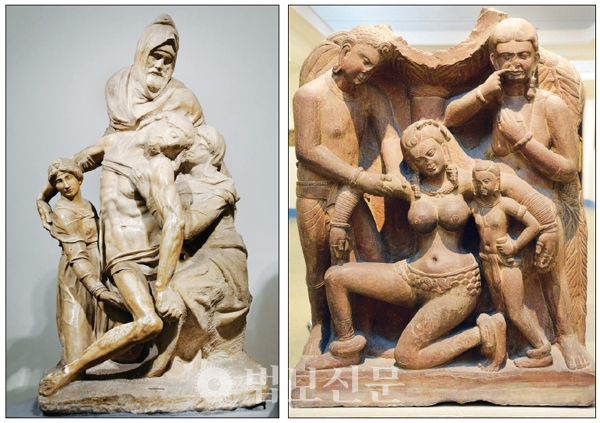 피렌체 두오모 박물관의 미켈란젤로 작 피에타 반디니(왼쪽)와 인도 뉴델리 박물관의 2세기 마투라 시대 조각상 ‘쓰러진 여인을 부축하는 사람들’(오른쪽)