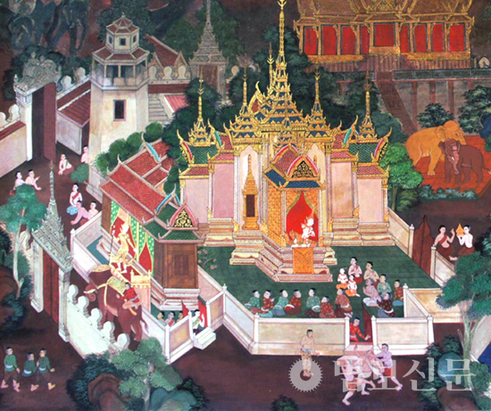 태국 방콕 불교사원 웻산타라자타카(Vessantarajātaka)에서 산자야왕과 주자카.