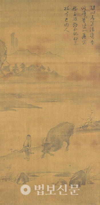 작자 미상 ‘목우도’, 1310년, 비단에 먹, 87.9×43.3㎝, 일본 奈良國立博物館.