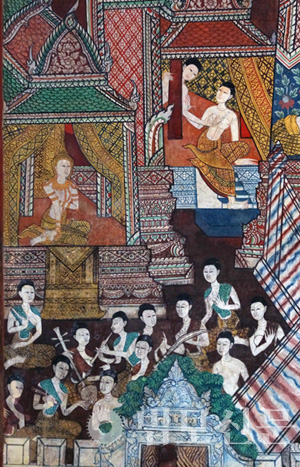 태국 랏차부리 불교사원의 마하나라다카사파 자타카에서 루자공주와 궁전의 여인들.