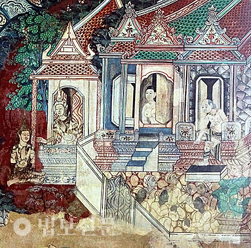 태국 랏차부리 불교사원의 마하자나카 자타카에서 브라만 사제의 집.