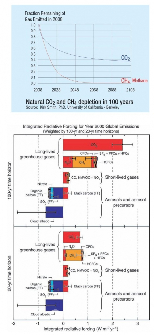 그림 위) 100년 기준 메탄(CH4)과 이산화탄소(CO2) 감축속도. 그림 아래) IPCC자료 중 가장 중요한 그래프로 100년과 20년 대비 온실가스 복사 강제력. 100년 내에는 이산화탄소에 비해 비이산화탄소 온실가스의 영향력이 절반 넘지만 20년 내에는 메탄의 영향력만 해도 이산화탄소에 버금가고 대류권 오존과 블랙카본(Black Carbon)을 합치면 훨씬 크다. 즉 단기성 온실가스들에 변화를 준다면 즉각적인 냉각효과를 보며 장기적으로 이산화탄소 감축에 시간을 벌어준다.