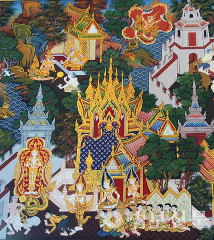 태국 방콕 불교사원의 브리닷타 자타카(Bhūridattajātaka) 전도.