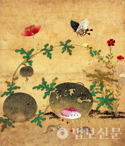 신사임당 作 초충도 8곡 병풍 中 제1폭 ‘수박과 들쥐’, 종이에 채색, 28.3×34cm, 16세기 초, 국립중앙박물관.