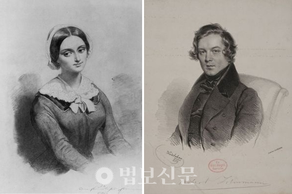 빌헬름 헨젤이 그린 1847년의 클라라(사진 왼쪽) 와1839년의 슈만.