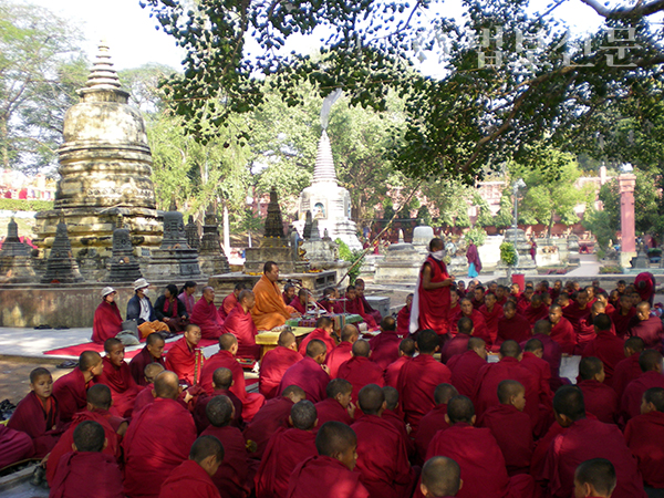불교의 4대성지 가운데 하나인 인도의 붓다가야(Buddhagaya)에는 일년 내내 성지순례객의 발길이 끊이지 않는다. 특히 티베트 스님들은 집단으로 붓다가야 주변에 머물며 정진한다. 사진은 티베트 스님들이 붓다가야 보리수 뒷편에서 정진하는 모습이다.  