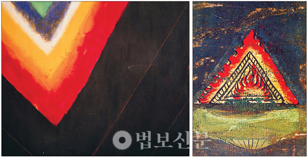 색동만다라, 1967년, 국립현대미술관(사진 왼쪽). 일본 토지 소장 금강계만다라 부분(사진 오른쪽).