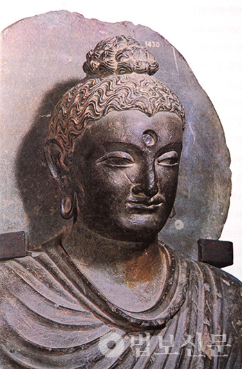 2~3세기 조성 간다라 불입상의 얼굴. 파키스탄 마르단 출토. 페샤와르박물관 소장.