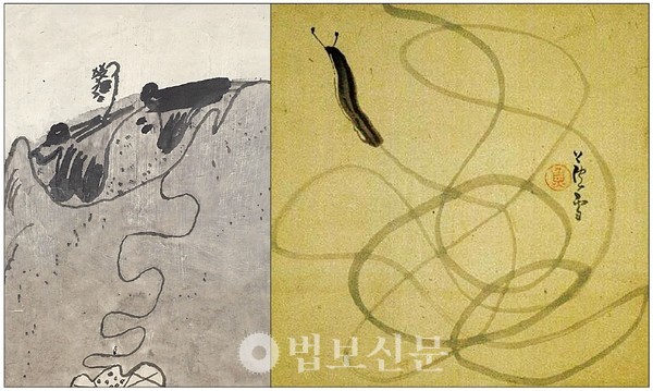 ‘눈길’, 장지에 먹, 분채. 65×94㎝, 2019.(왼쪽)/ 일본화가 나가사와 로세츠의 ‘민달팽이’.(오른쪽) 
