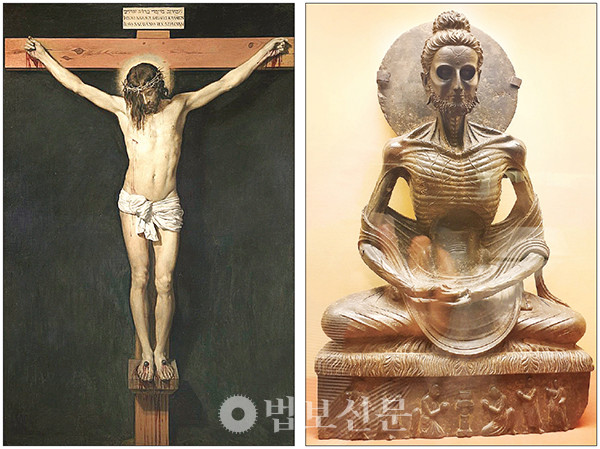 서양 예술이나 미학이 천착했던 것이 비극이었으며, 희극이나 웃음에 대한 진지한 저술이 처음 씌어진 게 20세기였다. 벨라스케스의 ‘십자가에 못 박힌 예수’(왼쪽)와 ‘석가모니 고행상’(오른쪽).