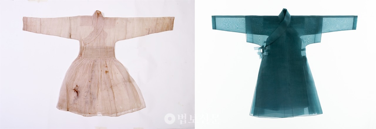해인사 비로자나불상에 봉안돼 있던 고려시대 의복 ‘요선철릭’. 오른쪽은 현대적 미감을 더한 김경자 작가의 작품.