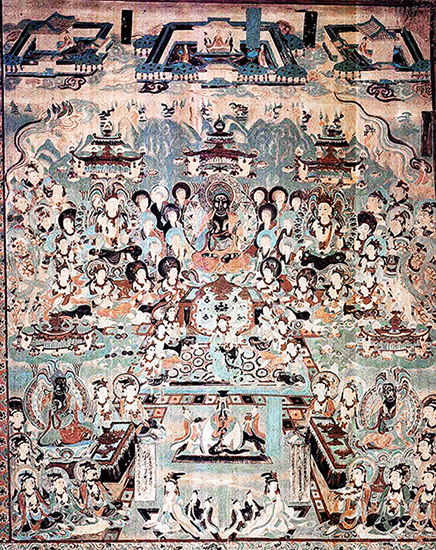 막고굴 제12굴 ‘천청문경변'. 이 변상의 가장 뚜렷한 도상 특징은 부처님과 천신이 마주보는 구도다.