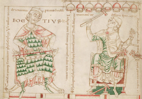 ‘A’ ‘B’ ‘C’ ‘D’ ‘E’ ‘F’ ‘G’음을 퉁겨보는 보에티우스(左)와 무게를 달아가며 종을 쳐보는 피타고라스(右). [케임브리지대도서관 소장 12세기 그림]
