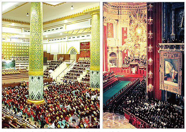 1)1954~1957년 미얀마 양곤에서 열린 제6차 결집. 2)1962~1965년 열린 제2차 바티칸 공의회 모습.