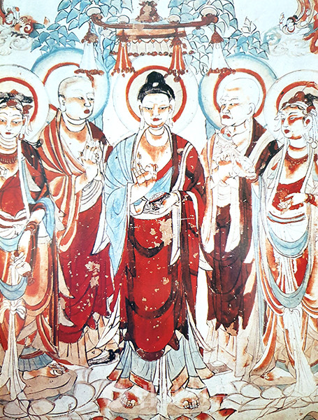 돈황 막고굴 220굴 ‘불설법도’. 이 그림을 비롯한 많은 불교미술에서 입체화 기법이 찾아볼 수 있으나 대다수 지역에서는 여전히 평면화를 선호했다.