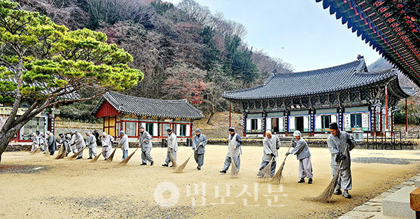 만암 스님이 주창한 일하면서 정진한다는 반선반농의 정신은 백양사의 가풍으로 자리 잡았으며 오늘날까지 이어지고 있다. 사진은 토요일마다 울력하는 백양사 스님들. [백양사 제공]